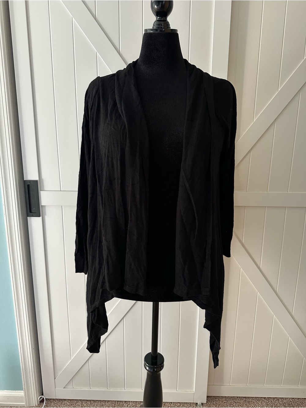 Chico’s Size 2 Black Draped Open Front Waterfall Cardigan Handkerchief Hem L 12